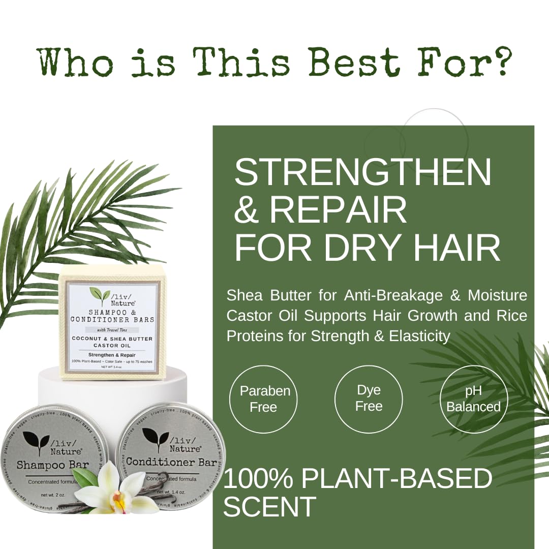 /liv/ Nature Shampoo Bar and Conditioner Set with Travel Case | Strengthen and Repair Dry Hair | Coconut, Castor Oil, Shea Butter | Made in USA | 2-pk