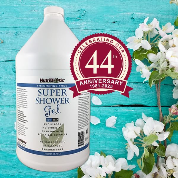 NutriBiotic - Fragrance-Free Super Shower Gel, 1 Gallon | Whole-Body Moisturizing Shampoo with GSE & Botanical Extracts | Non-Soap, pH Balanced & Free