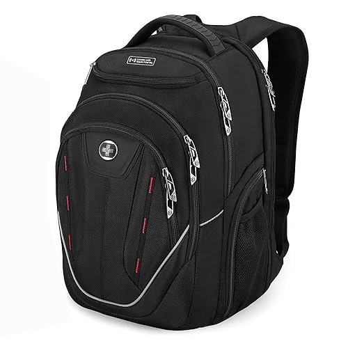 Swissdigital Design TSA Laptop Backpack Men's USB Charging Port Large Capacity Business Travel Backpack Black| With Apple Find My Network Black/Red | J16BTFB-41