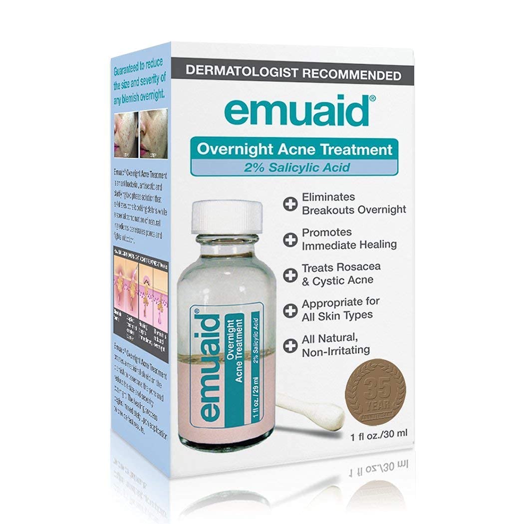 EMUAID Overnight Acne Treatment, Gentle Fast-Acting Solution with Salicylic Acid for Adults and Teens, Clears Stubborn Pimples, Cystic Acne