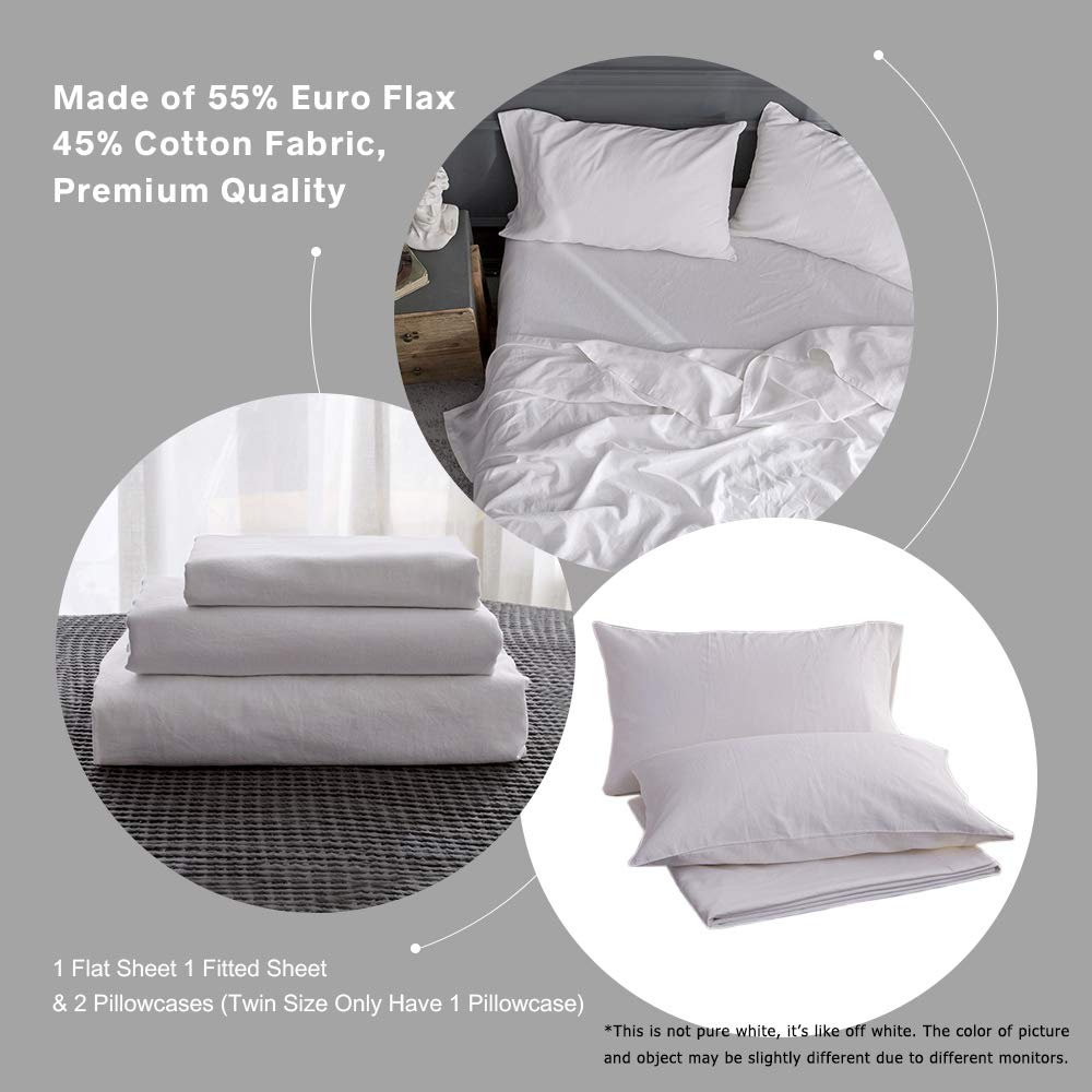 Simple&Opulence Belgian Linen Sheet Set Solid Color - 4 Pieces (1 Flat Sheet, 1 Fitted Sheet & 2 Pillowcases) Natural Flax Cotton Blend Soft