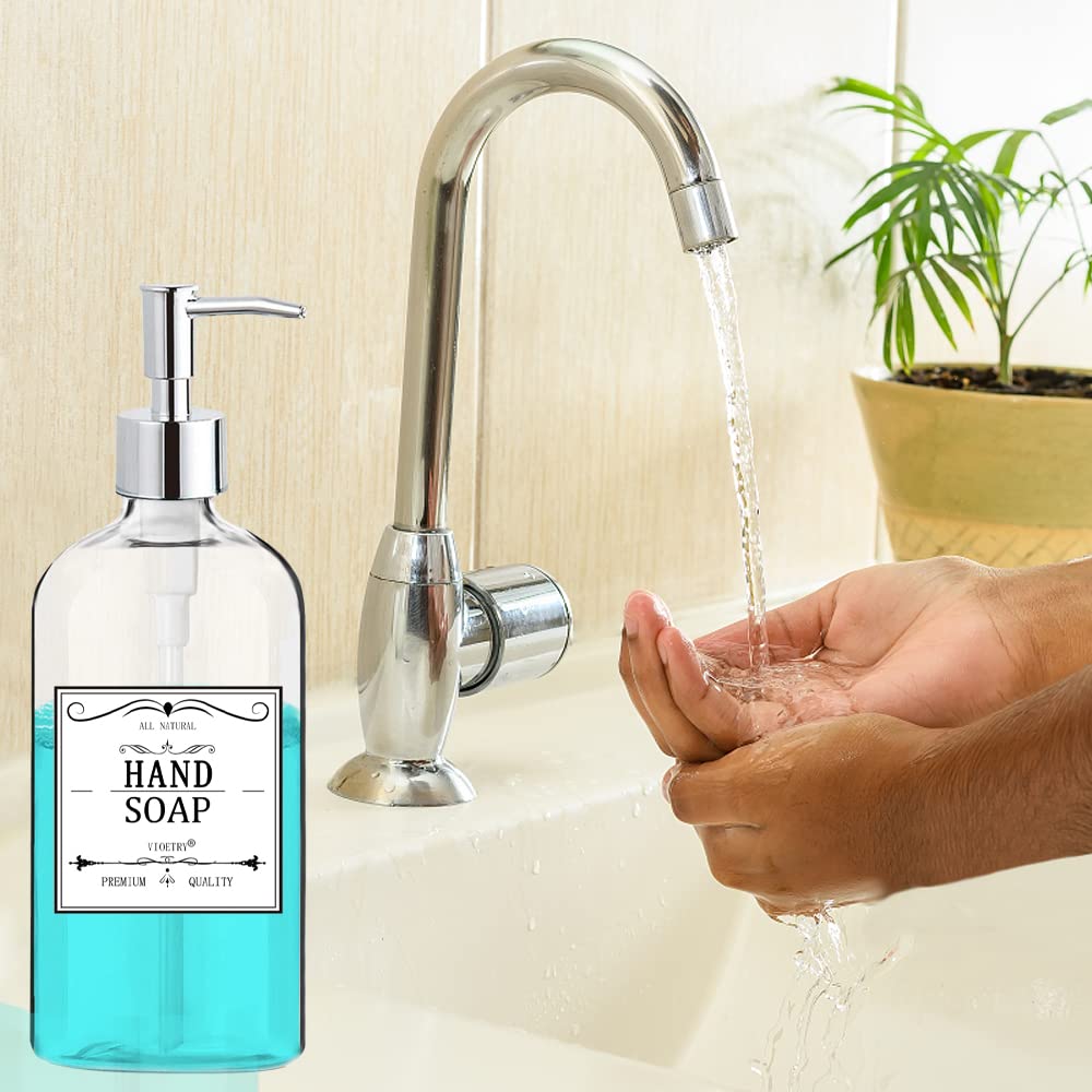Clear Soap Dispenser with Rust Proof Pump, Waterproof Labels (2 Pack,16 Oz), Plastic Hand Soap Dish Soap Dispenser for Kitchen Bathroom