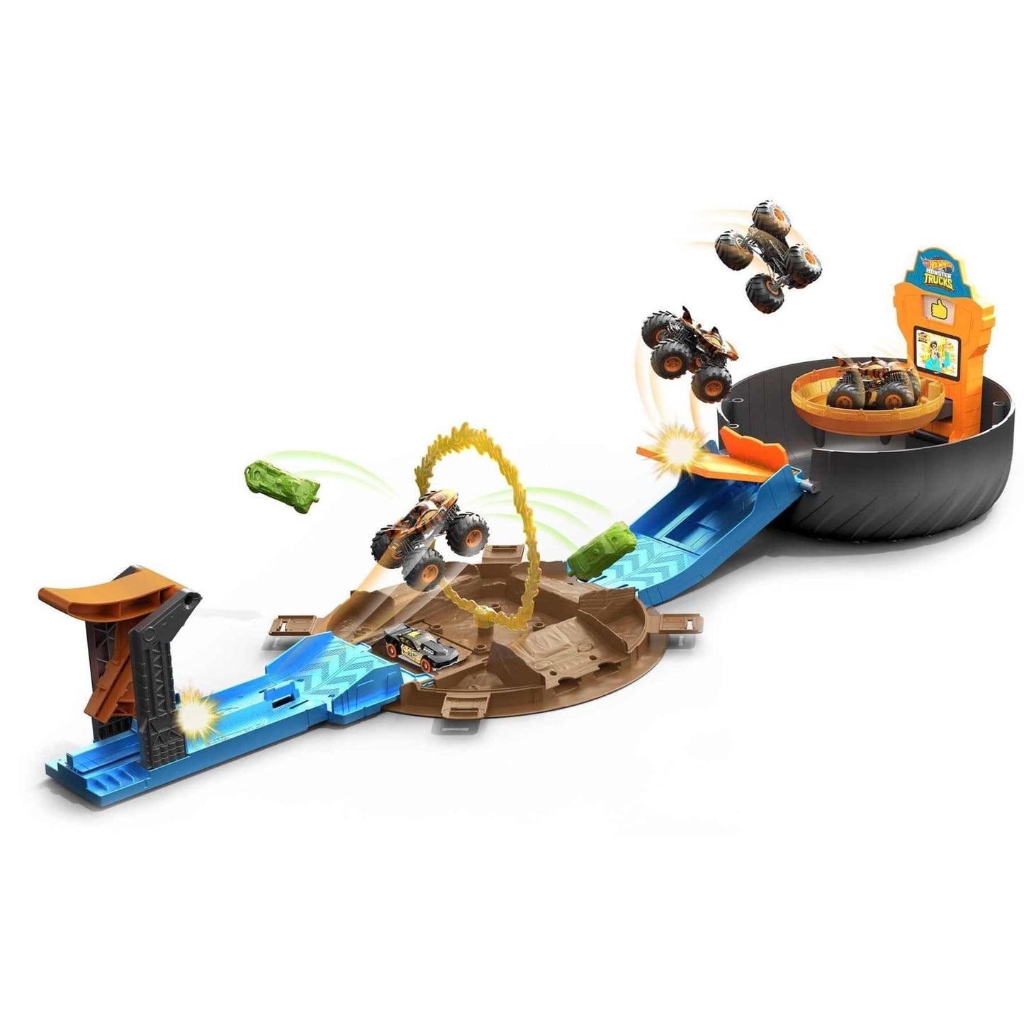 Hot Wheels Monster Trucks Stunt Tire Play Set Opens to Reveal Arena with Launcher, 1 1:64 Scale Car & 1 Monster Truck, Portable Toy Gift Set for Ages…