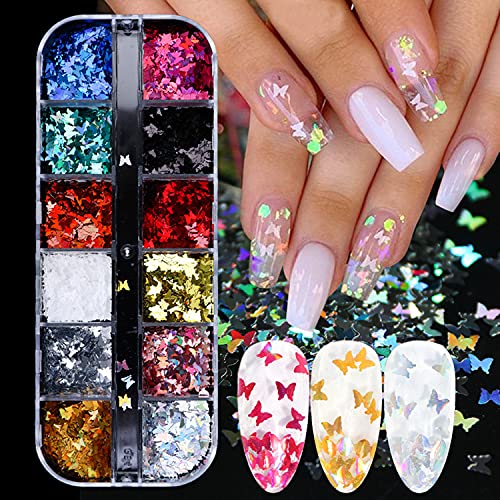 12 Colors Butterfly Nail Art Stickers Butterflies Nail Glitter Sequins 3D Art Accessories Butterfly Shape Flakes Powder Holographic Gold Red Pink