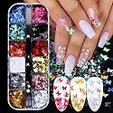 12 Colors Butterfly Nail Art Stickers Butterflies Nail Glitter Sequins 3D Art Accessories Butterfly Shape Flakes Powder Holographic Gold Red Pink