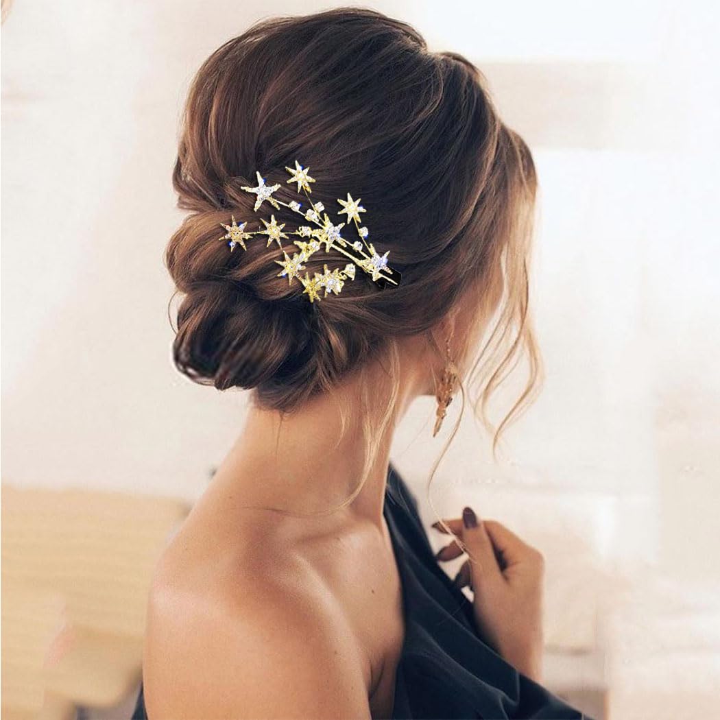 BARTOSI Star Hair Clips Gold Rhinestone Hair Barrettes Bride Wedding Hair Pieces Celestial Hair Accessories for Women and Girls (Pack of 2)