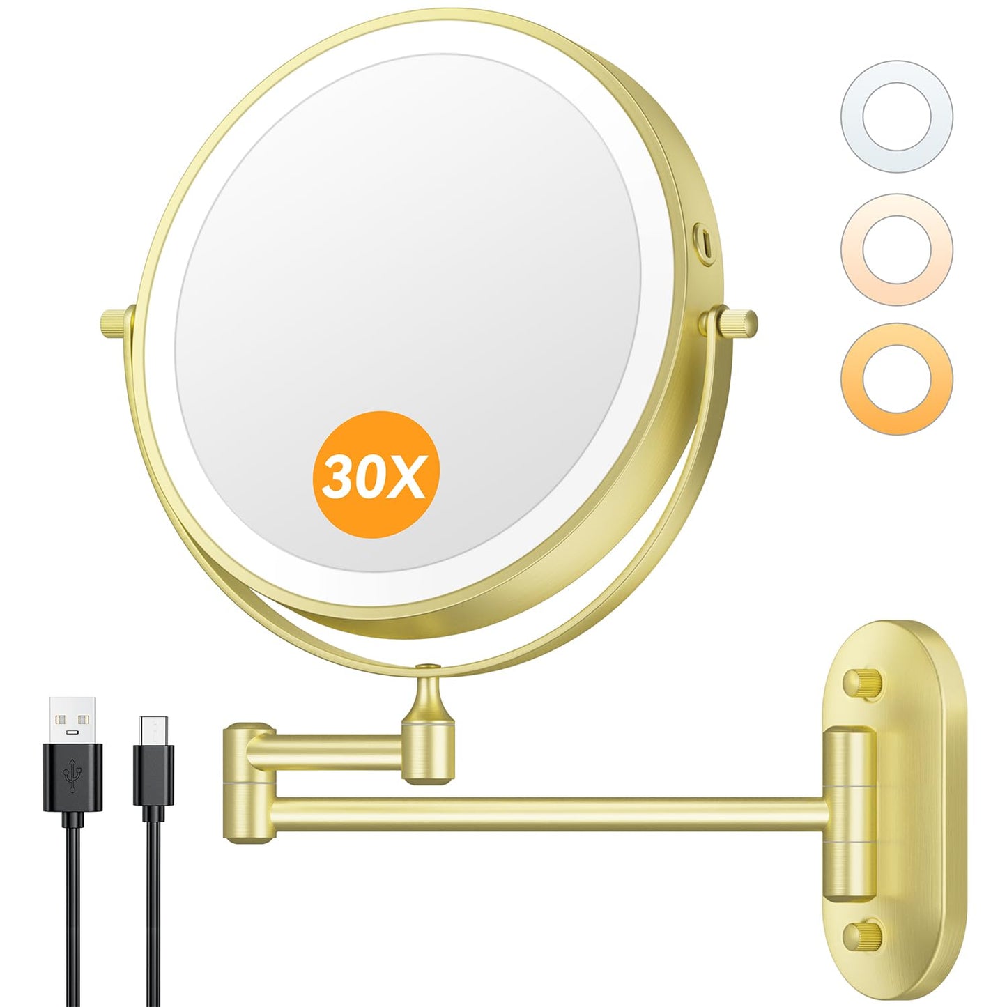 Auxmir 1X/30X Wall Mounted Makeup Mirror with Light, 8" Rechargeable Double-Sided Magnifying Mirror, Vanity Mirror Dimmable 3 Color Light, 360° Beauty and Personal Care Auxmir Default Title