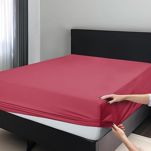 LUX Décor Queen Fitted Sheet Only - Easy to Fit 360 Elastic Microfiber Sheets - 16 Inches Deep Pocket - Wrinkles Fade Resistant - Burgundy