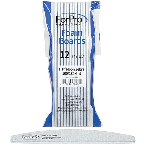 ForPro Professional Collection Half Moon Foam Boards, Zebra, 100/180 Grit, Double-Sided Manicure and Pedicure Nail Files, 7” L x 1.1” W, 12-Count