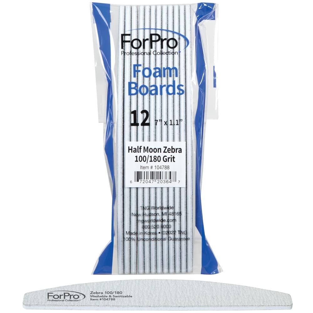ForPro Professional Collection Half Moon Foam Boards, Zebra, 100/180 Grit, Double-Sided Manicure and Pedicure Nail Files, 7” L x 1.1” W, 12-Count