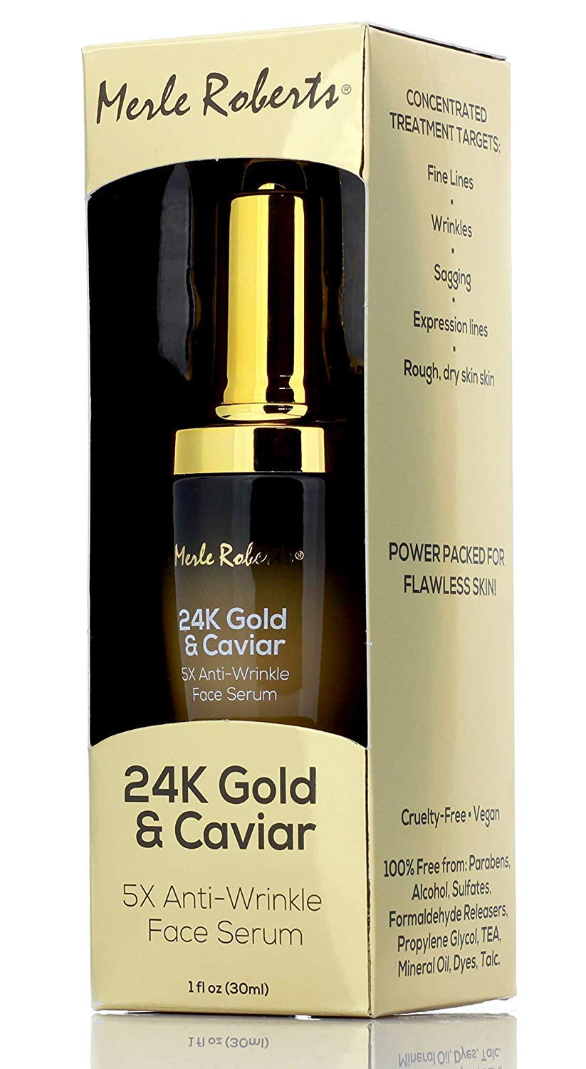 Merle Roberts 24k Gold and Caviar Serum Premium Anti-Aging Serum for Wrinkles, Fine Lines, and Expression Lines. Cruelty-Free Hydrating Anti-Wrinkle