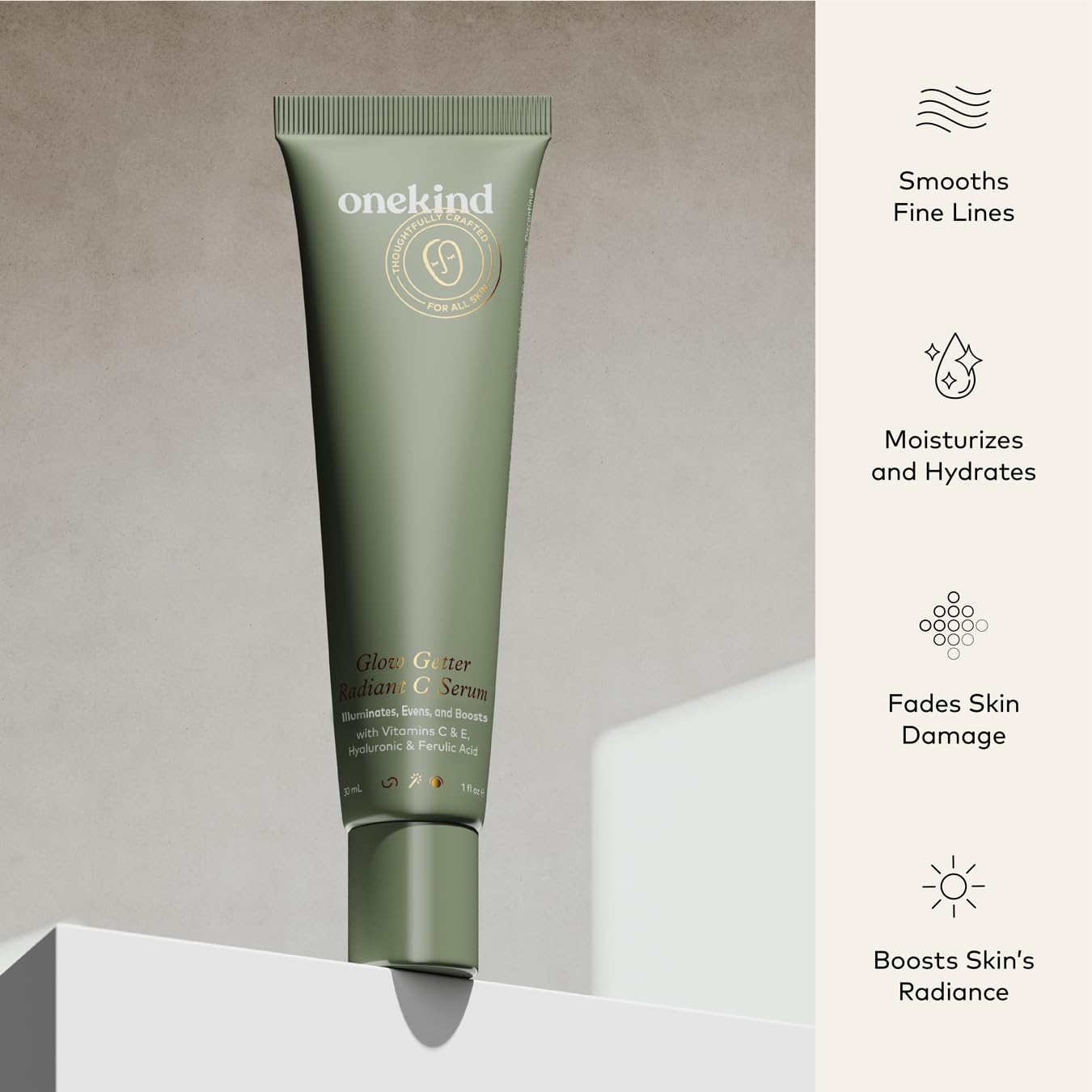 Onekind Radiant C Face Serum, Anti-Aging Facial Treatment with Hyaluronic Acid, Tetrahexyldecyl Ascorbate, Ferulic & Vitamin E, Serum for Dark Spots Beauty & Personal Care Onekind