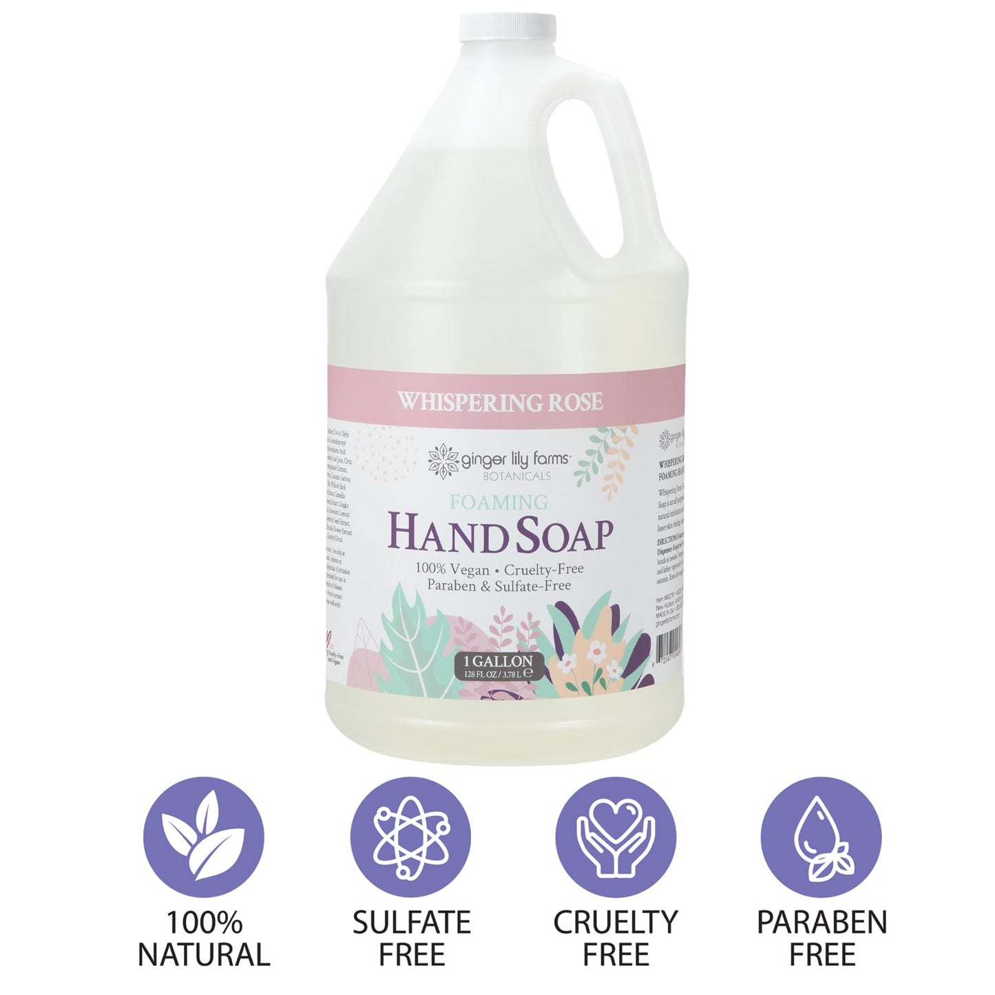 Ginger Lily Farms Botanicals All-Purpose Foaming Hand Soap Refill, 100% Vegan & Cruelty-Free, Whispering Rose Scent, 1 Gallon (128 fl oz)