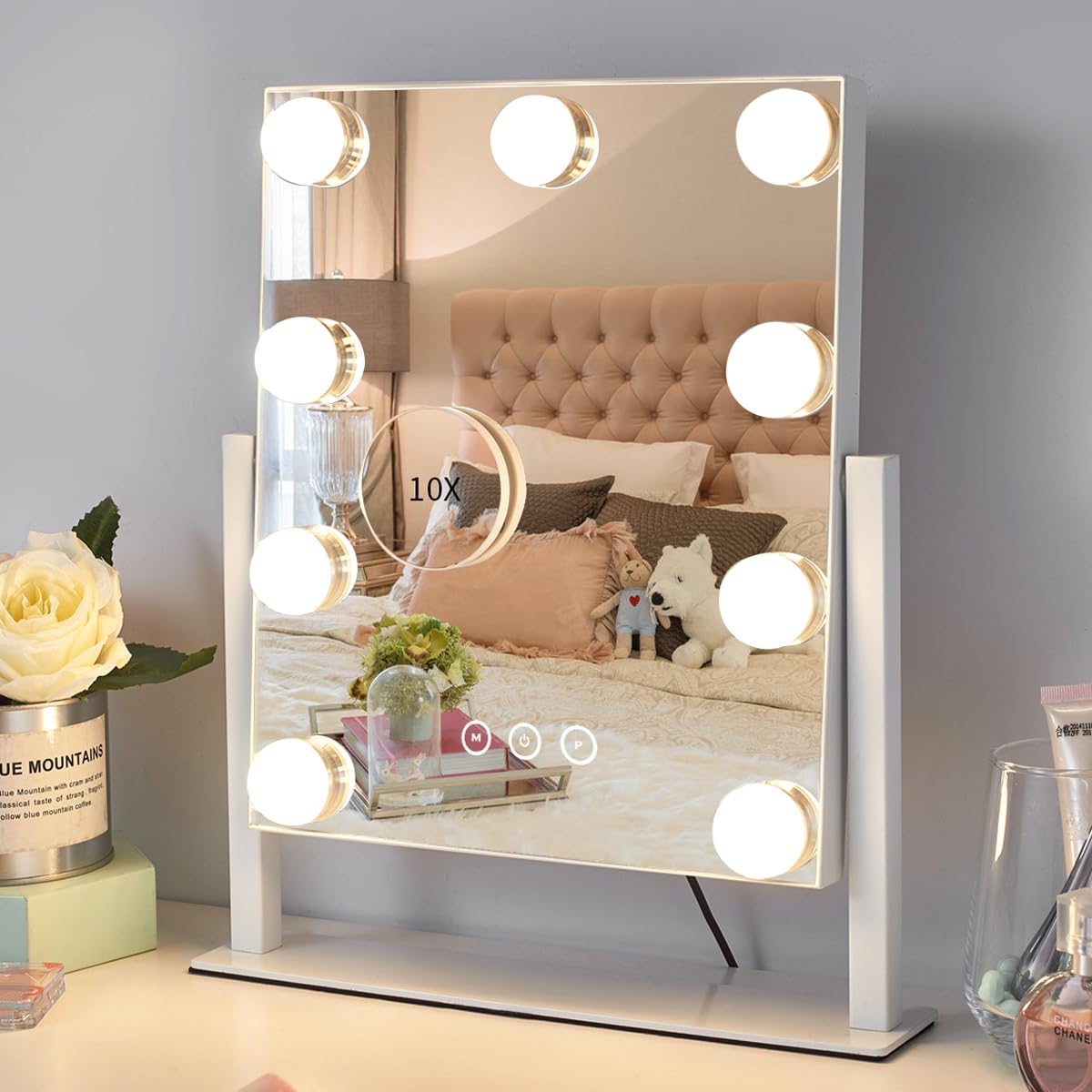 Vanity Mirror with Lights,Lighted Vanity Mirror with 9 Dimmable Bulbs for Dressing Room & Bedroom,3 Color Lighting,Modes Detachable 10x Magnification