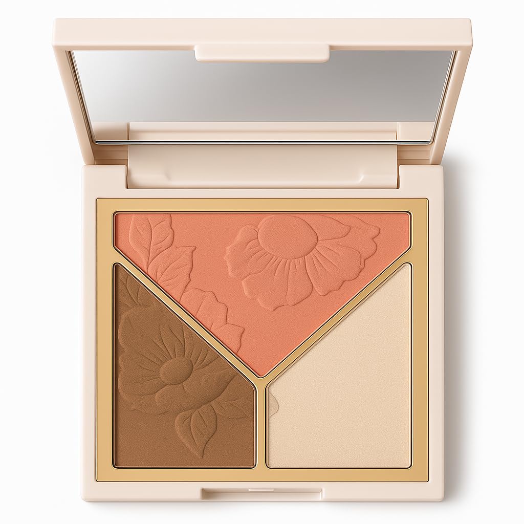 3-in-1 Highlighter Makeup Palette - Contour, Blush & Glow Kit with Matte & Shimmer Finish - Silky Pressed Powder for Face, Cheekbones, Eyes