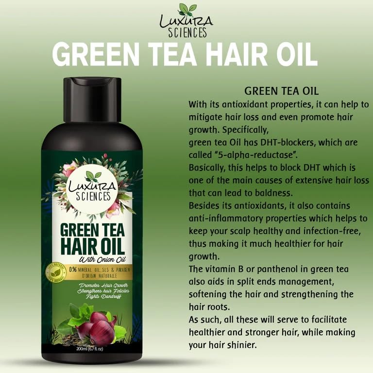 Luxura Sciences Green Tea Oil for Hair Growth | Controls Dandruff & Hair Loss | Root Strengthening Oil | Makes Hair Soft, Shiny & Thick | 6.76 Fl