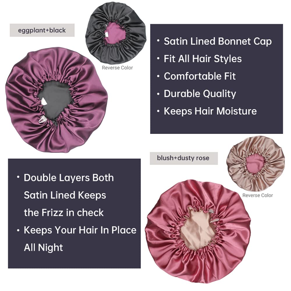 Satin Sleep Cap, Adjustable Satin Cap, Silk Bonnet, Reusable Bath Hair Cap for Night Sleeping Reversible Double Layer 2 Pack (Eggplant + Blush)