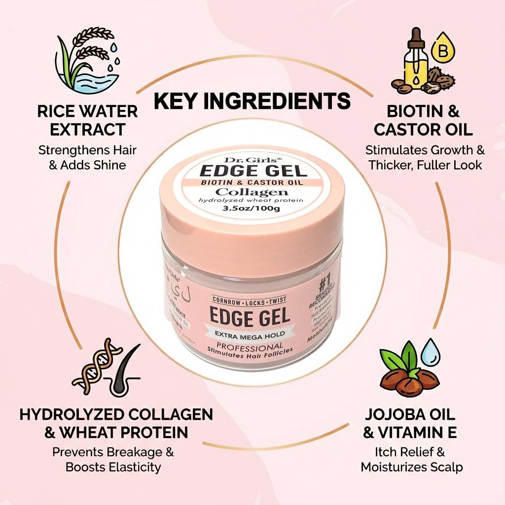 Dr. Girls Rice Water Lock & Twists Edge Gel - Extra Mega Hold for Locs, Cornrows & Twists - With Biotin, Castor Oil, Hydrolyzed Wheat Protein