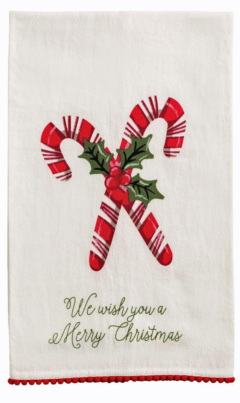 Mud Pie Christmas Candy Cane Pom Trim Towel