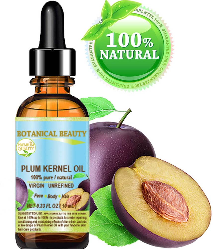 Botanical Beauty French PLUM KERNEL OIL 100% Pure Natural Virgin Unrefined Cold Pressed Carrier Oil 0.33 oz- 10 ml for Face, Skin, Hair, Lips, Nails.