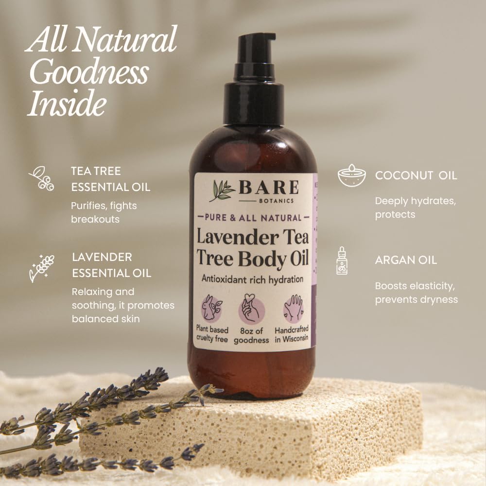 BARE BOTANICS 8 oz Moisturizing Lavender Tea Tree Body Oil - 100% Pure & Natural for Skin & Nails - Perfect for Moisturization - Vegan, Cruelty Free