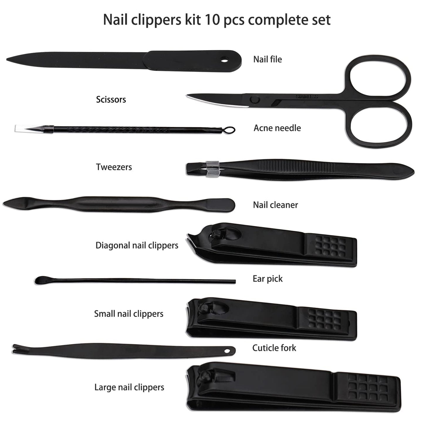 Glamne Manicure Set Nail Clippers Kit Professional Stainless Steel Nail Care Tools with Leather Travel Case 10 in 1 Black