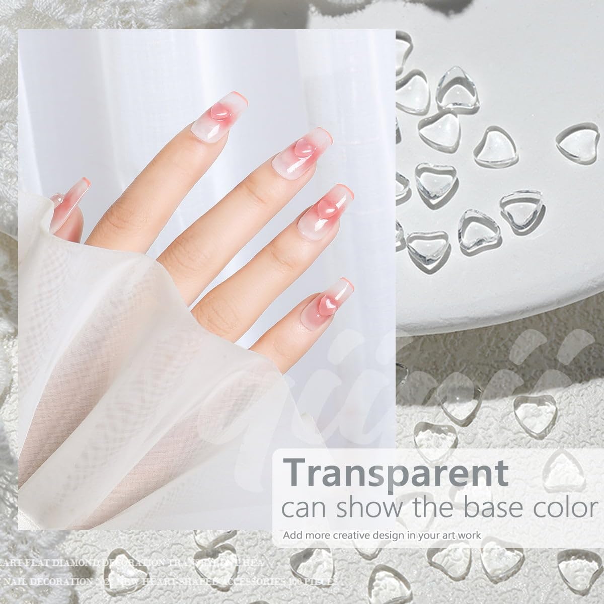 qiipii 300pcs Transparent Heart Nail Charms, 3 Sizes Mixed Size 3D Clear Cute Love Hearts Rhinestones Flatback Resin Crystals Diamonds Nail Art