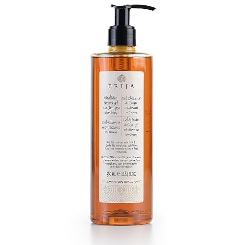 Prija Vitalizing Shower Gel & Shampoo with Ginseng (12.84 fl oz) - Toning and Revitalizing - Vegan Friendly - Dermatologically Tested - Made with 100%