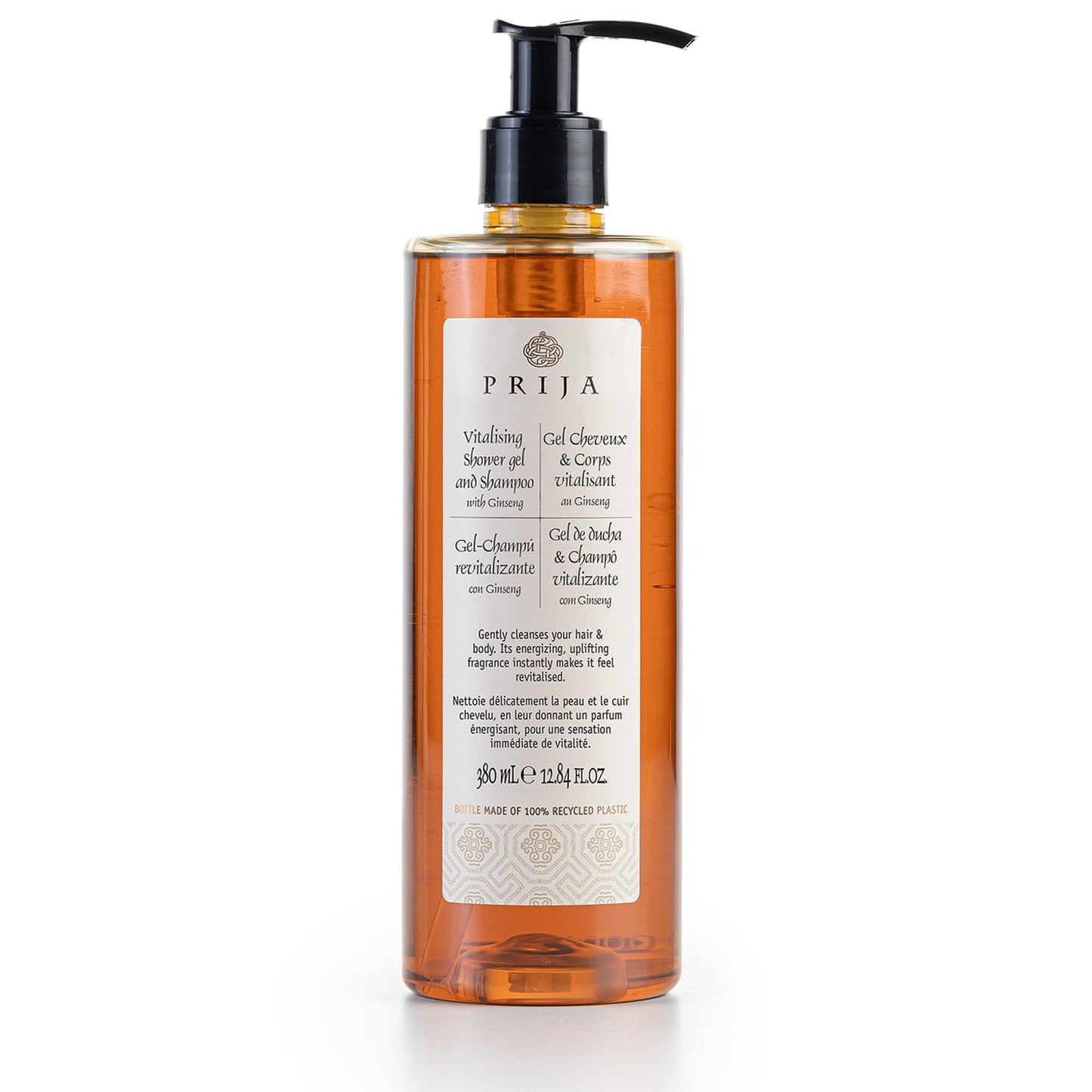 Prija Vitalizing Shower Gel & Shampoo with Ginseng (12.84 fl oz) - Toning and Revitalizing - Vegan Friendly - Dermatologically Tested - Made with 100%