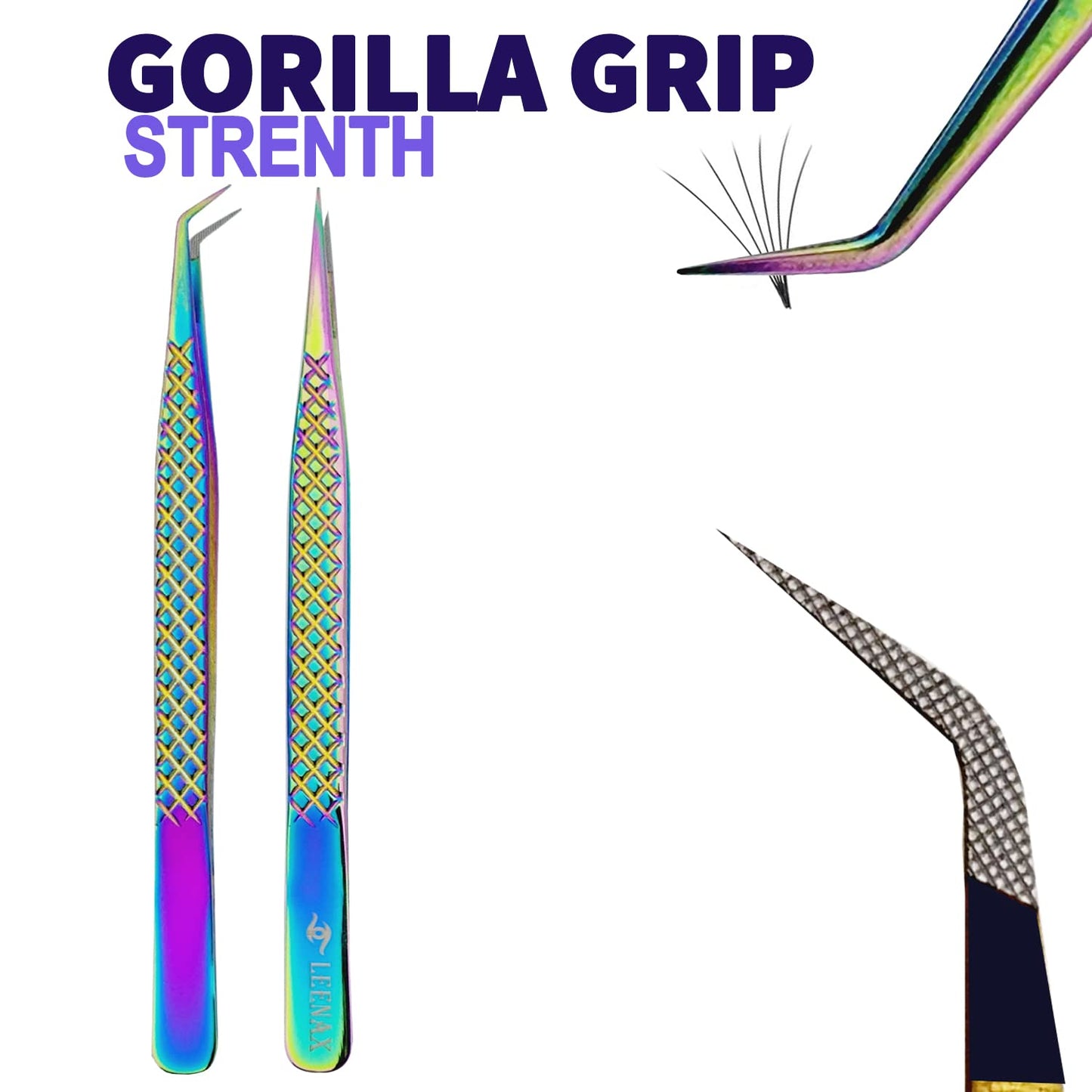 Eyelash Extension Tweezers Fiber Tip (Anti - Slip) Set of 2 pieces straight & curved with Diamond Grip, Rainbow Colour,14cm, volume Tweezers, Lash