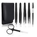 UUBAAR 6 PCS Professional Tweezers Set - Stainless Steel Precision Tweezer Kit for Eyebrows, Facial Hair, Ingrown Hair & Splinter Removal with Travel