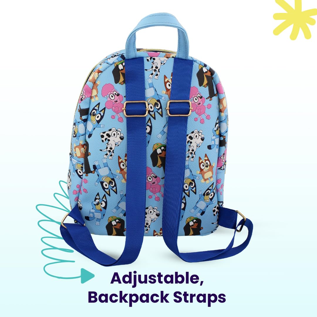 Bluey and friends Mini PU Leather Backpack Purse with Adjustable Straps 10 In (Blue, One Size)