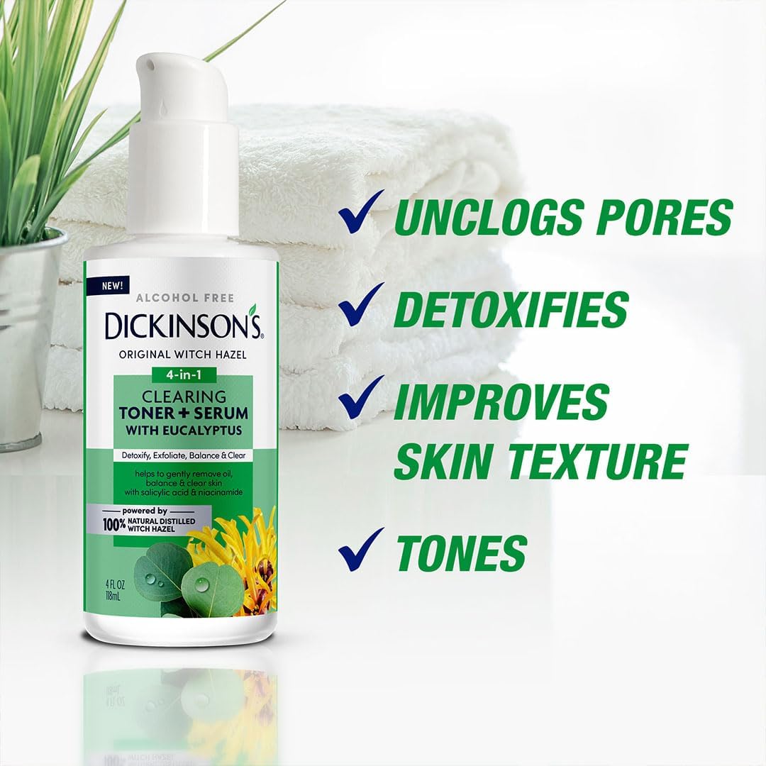 Dickinson's Original Witch Hazel Clearing Toner + Serum with Eucalyptus | 100% Natural Distilled Witch Hazel | Alcohol-Free | Detoxifies & Tones Skin