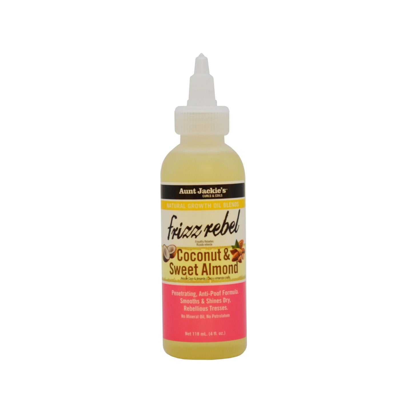 Aunt Jackie's Natural Growth Oil Blends Frizz Rebel - Coconut and Sweet Almond, Smooths and Shines Dry, Rebellious Tresses, Anti-Poof Formula, 4 oz