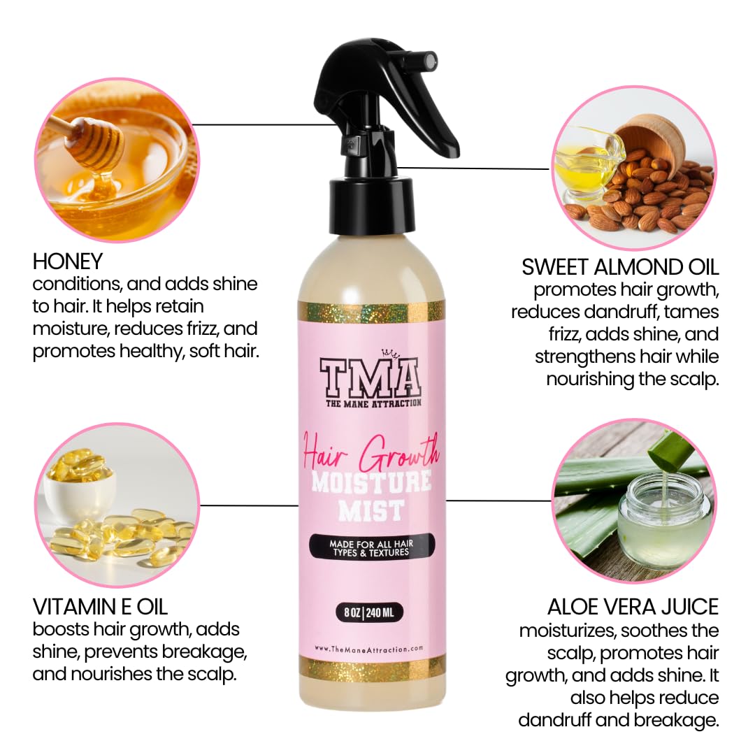 The Mane Attraction’s Nourishing Daily Hair Growth Moisture Mist for ALL Hair Types, Lightweight Moisturizer for Thicker, Longer Hair. Infused