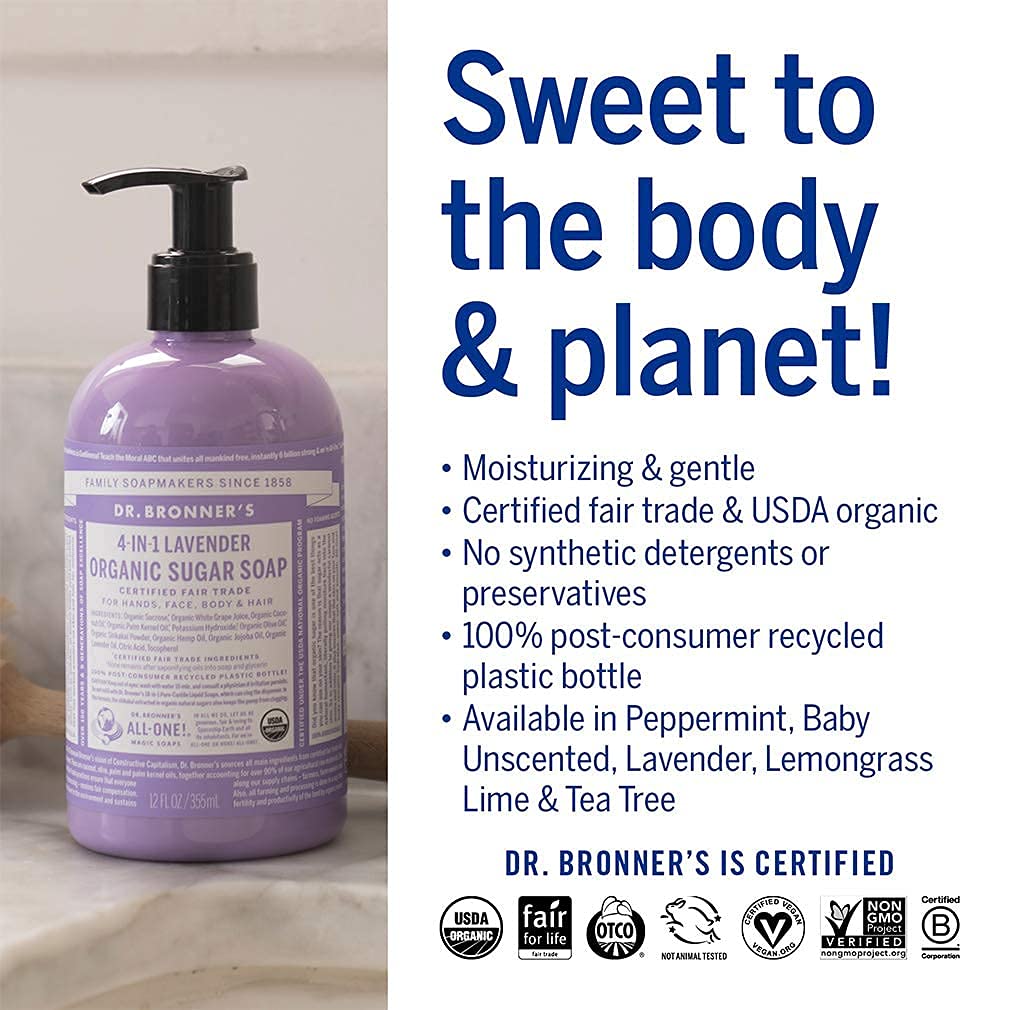 Dr. Bronner's - Organic Sugar Soap (Lavender, 12 Ounce) - Made with Organic Oils, Sugar and Shikakai Powder, 4-in-1 Uses: Hands, Body, Face and Hair Beauty & Personal Care Dr. Bronner's