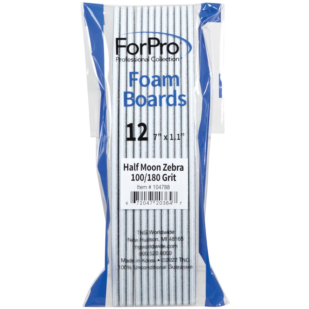 ForPro Professional Collection Half Moon Foam Boards, Zebra, 100/180 Grit, Double-Sided Manicure and Pedicure Nail Files, 7” L x 1.1” W, 12-Count