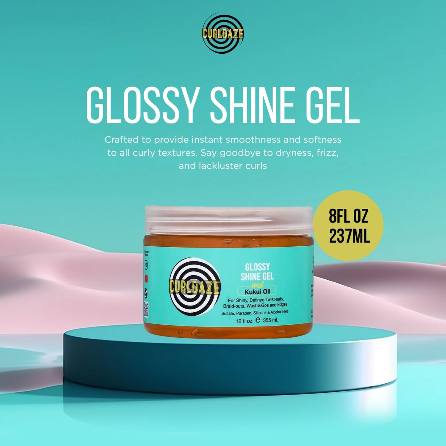 Curldaze Glossy Shine Gel with Kukui Oil, Vitamins A, C, & E, Defines Curls in Twist-Outs, Braid-Outs, Wash & Gos, Controls Frizz & Edges, Shines