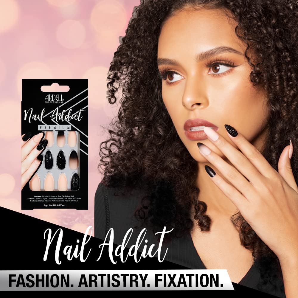 Ardell Nail Addict Premium Press On Nails - 24 False Nails Black Stud & Pink Ombre Jeweled and Matte, Reusable Artificial Acrylic Nail Kit for Diy Beauty & Personal Care Ardell