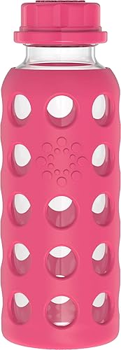 Lifefactory 9-Ounce BPA-Free Glass Water Bottle with Flat Cap and Silicone Sleeve, Raspberry