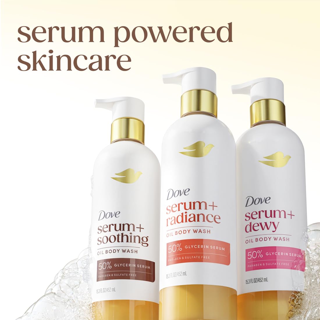 Dove Serum+ Shower Oil Body Wash with Coconut & Geranium Oil, Dewy Hydrating Cleanser for Soft Skin, 15.3 fl oz