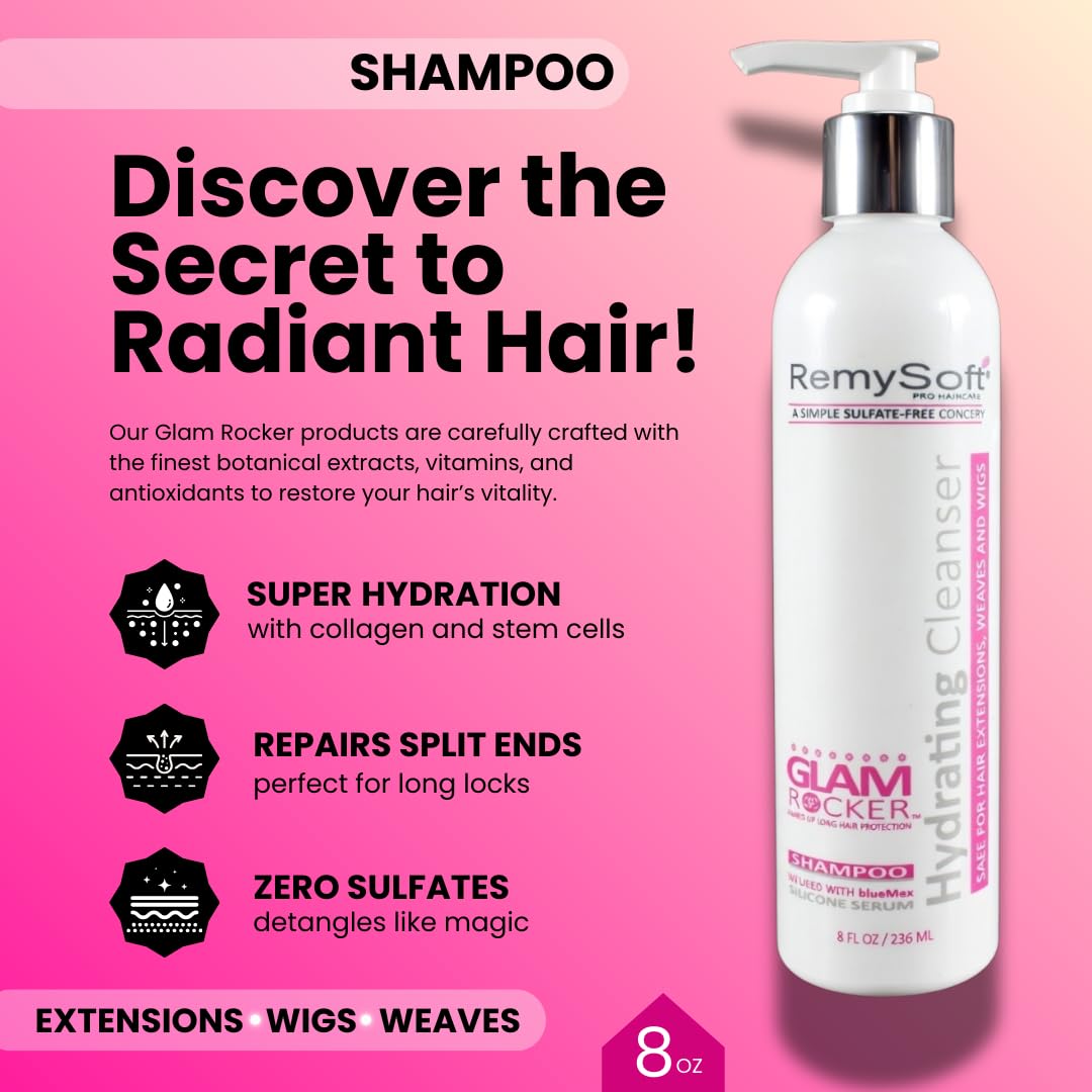 RemySoft Glam Rocker Hydrating Cleanser & Recovery Cream Duo - Safe for Hair Extensions, Weaves and Wigs - Salon Formula Shampoo and Conditioner Combo