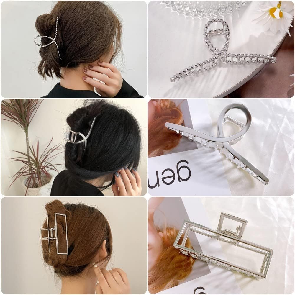 3pcs Hair Claw clips for Women, Metal Silver Large Hair clips for Thick Thin Hair, Geometric Cross Square Jumbo Catch Barrette Clamps, Fashion Hair