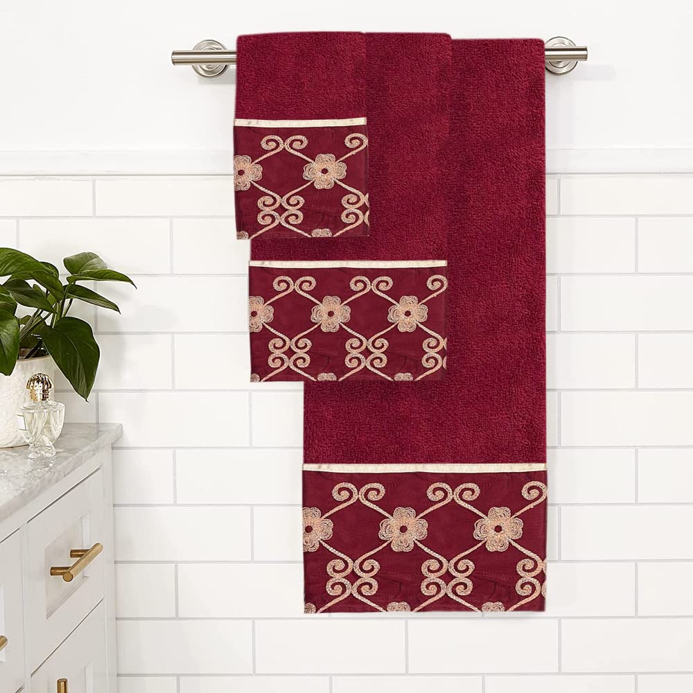 Popular Bath Bath Towels, Vlegant Rosa Collection, 21" x 12", Burgundy/Gold