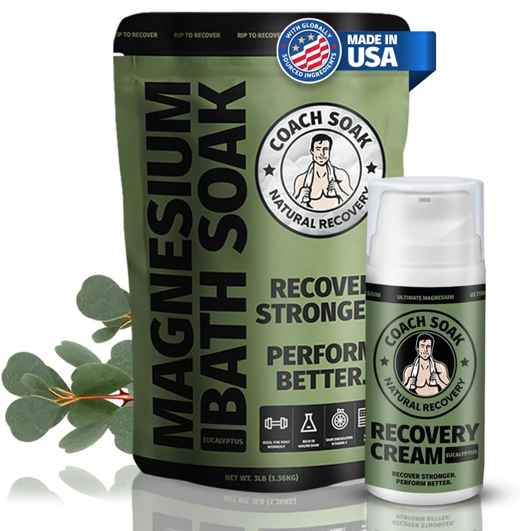 Coach Soak Recovery Bath Soak & Magnesium Cream - Bath Salt (3 lb) & Magnesium Lotion (3.4 oz) - Natural Recovery Cream & Fast-Absorbing Pure Flakes