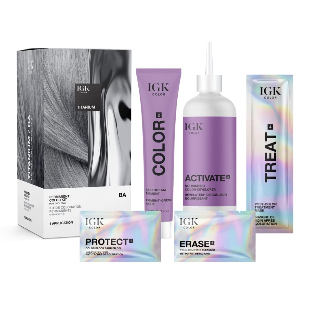 IGK Permanent Hair Dye Color Kit | BA Titanium - Pure Cool Gray | 100% Gray Color Coverage + Strengthen + Shine | Ammonia Free
