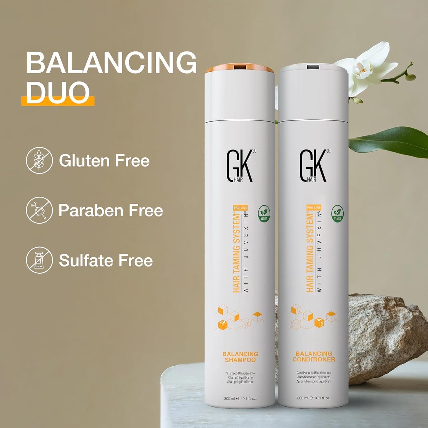 GK HAIR Global Keratin Balancing Shampoo and Conditioner 300ml Kit with Leave-In Cream 130ml | Moisturizing Hair Care Set for All Hair Types |