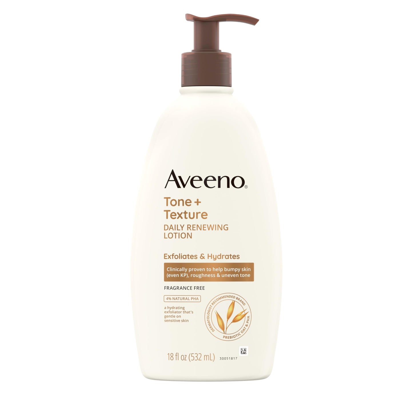 Aveeno Tone + Texture Daily Renewing Body Lotion with Prebiotic Oat Hydrates & Smooths Dry, Rough, Bumpy Skin Even KP, Fragrance-Free, 18 fl. Oz
