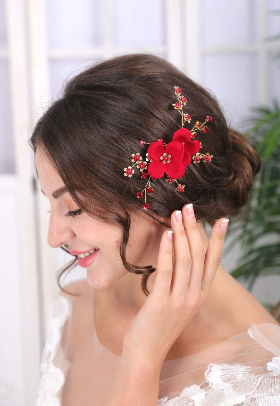 Sither Red Hair Clip for Bridal Floral Hair Comb for Women Wedding Hair Accessories for Bride Hair Clip Headpiece for Wedding Party Prom Gift