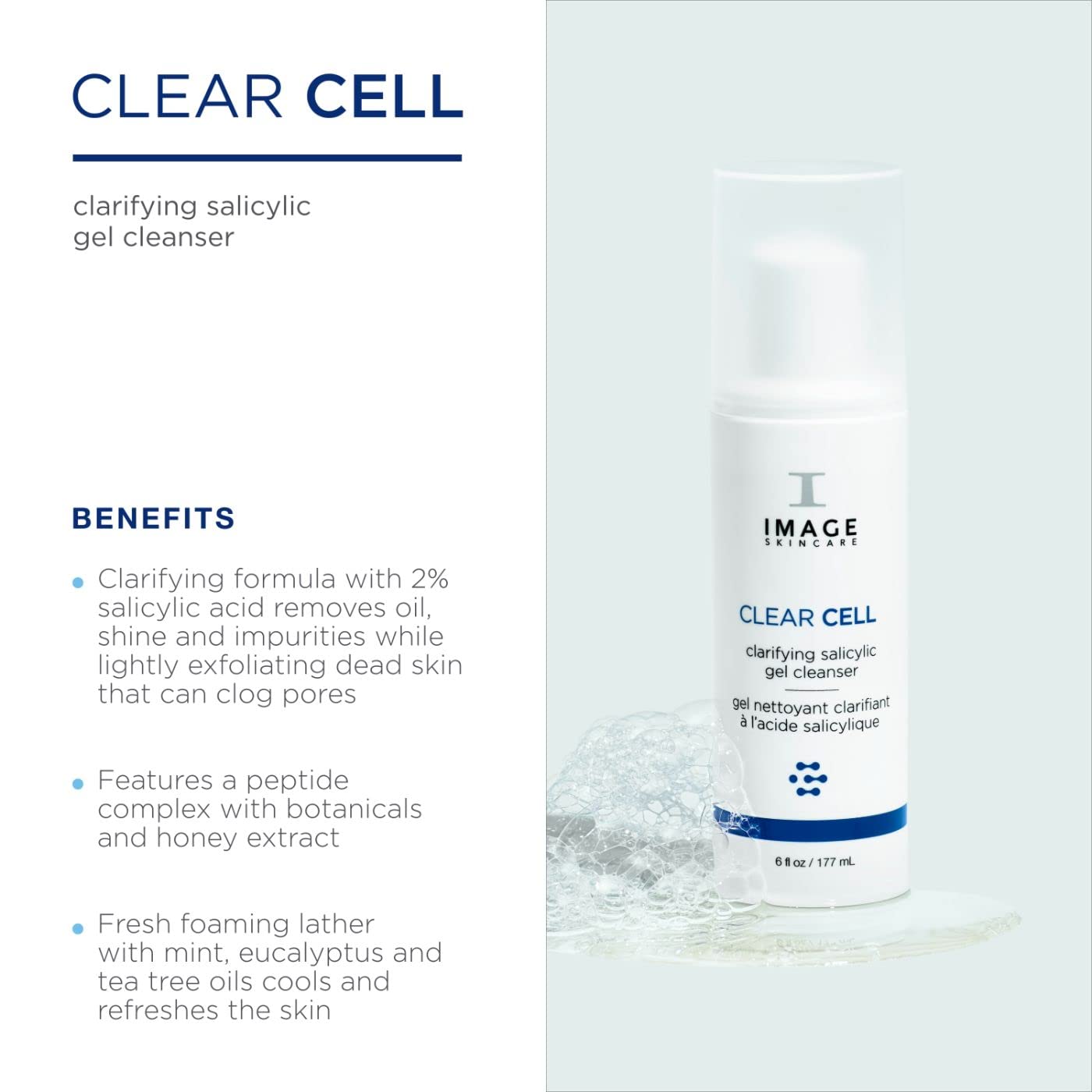 IMAGE Skincare, CLEAR CELL Salicylic Gel Cleanser, Gentle Foaming Face Wash Removes Excess Oil and Shine for Oily Prone Skin, 6 fl oz